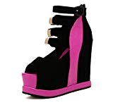 Best 4U® Sandales pour femmes d'été en daim peep toe 14CM talons hauts 5CM Platform Shoes Wedges Stich couleur
