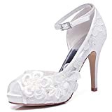 YOOZIRI White Lace Wedding Shoes For Bridal With Floral brooches Medium Heel 4inch Peep Toe-RS8860-Ivory